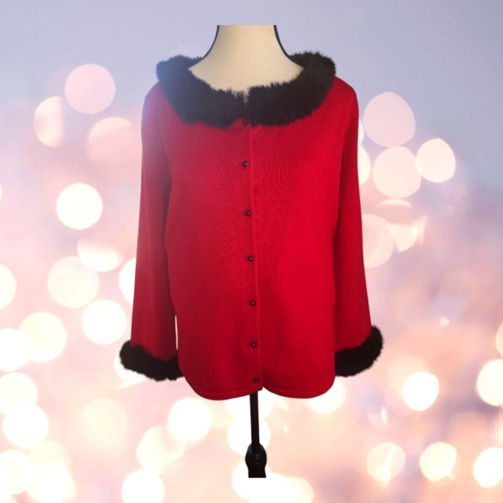 Due' Per Due' Women’s Fur Trimmed Button Down Red Sweater